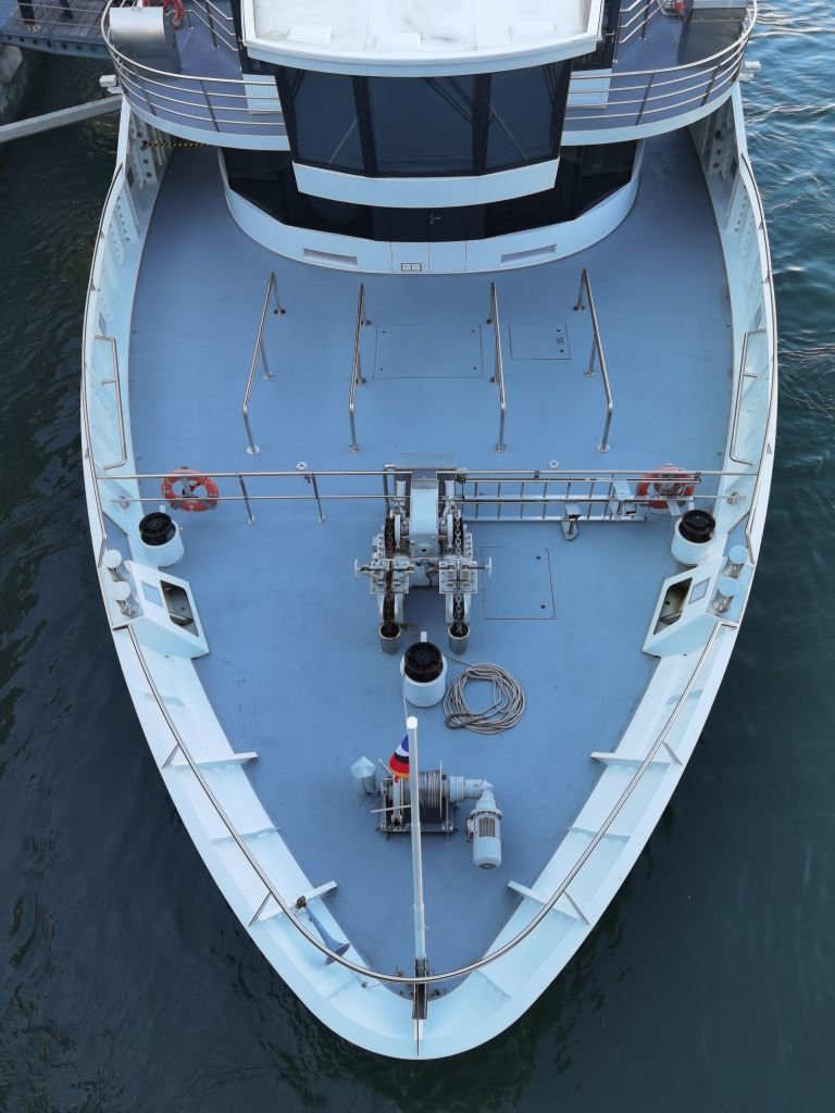 A top-down view of a modern boat deck showing symmetry and structure in Basel, Switzerland.